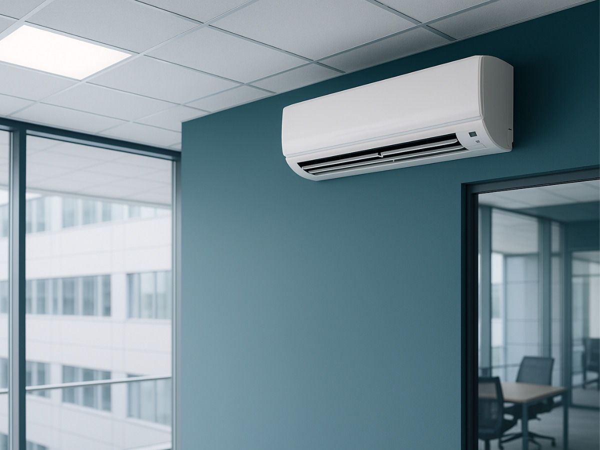 Imagem de ar-condicionado Split instalado em escritório moderno em São Paulo. Climatização empresarial realizada pela Climatech.